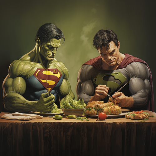 Batman, Superman, Hulk Eating Meat Skewer