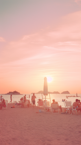 People on the beach at sunrise in Ibiza