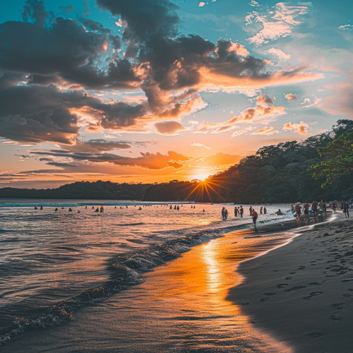 People enjoying beach activities at sunset