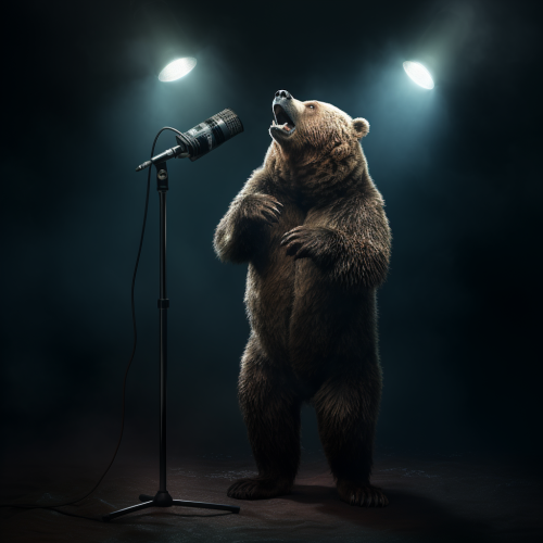 Photo realistic image of a bear with microphone and stage setup