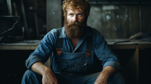 Stylish Bearded Man Ironing in Overalls