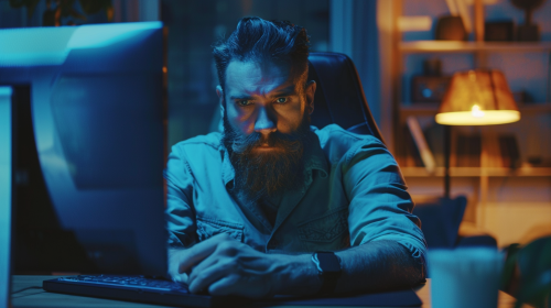 Bearded man holding shield and using computer