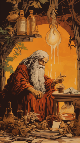 Illustration of a bearded wizard in a potion hut Illustration of a bearded wizard in a potion hut