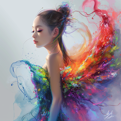 Asian girl with colorful crystal dress and smoke wings
