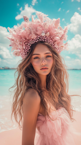 Brunette Girl Pink Sand Crown