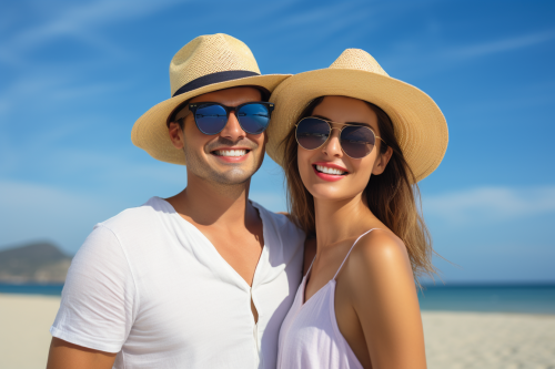 Smiling couple on the beach with sunglasses and hat