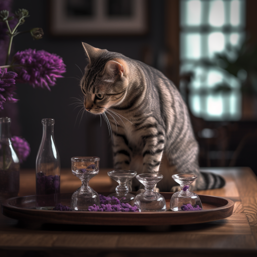 Exotic spotted cat balancing carafe on tray Exotic spotted cat balancing carafe on tray