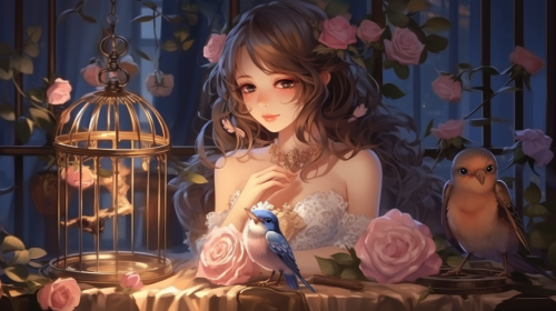 Young girl with nightingale and roses Young girl with nightingale and roses