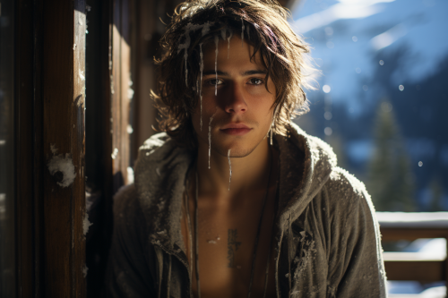 Gorgeous guy sitting outside snowy chalet