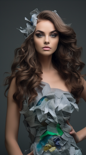 Elegant model wearing upcycled fashion Elegant model wearing upcycled fashion