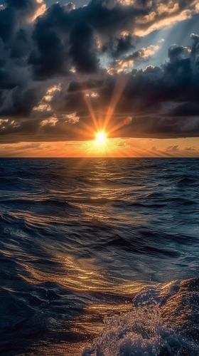 Ocean sunset with beautiful clouds and god rays