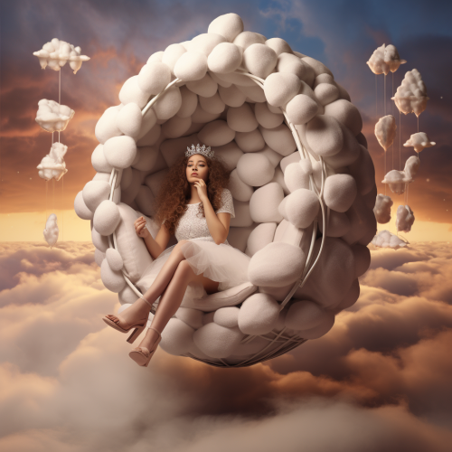 Beautiful girl sitting in egg chair with marshmellows and chocolate rain