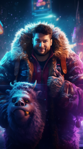 Smiling man with fluffy bull creature in cyberpunk
