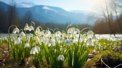 Beautiful Spring Snowdrops with Mountain Background