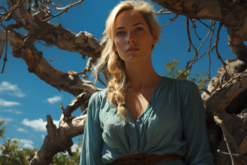 Blonde Turkish woman standing by ancient tree