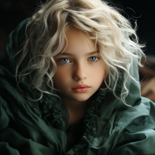 Child in green robe with white hair