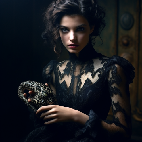 Woman holding black viper in unique dress