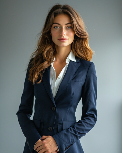 Fashionable woman in navy blue suit
