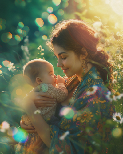 Young mother holding baby in sunlight