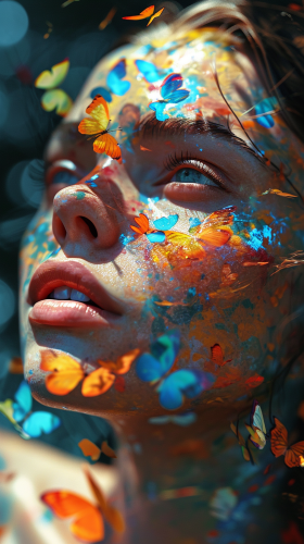 Close-up of Woman's Face with Colorful Butterflies