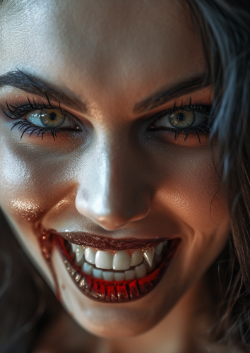 Close up of stunning model with vampire fangs