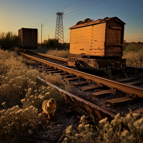 Image of beehive, quail, and boxcar on railroad