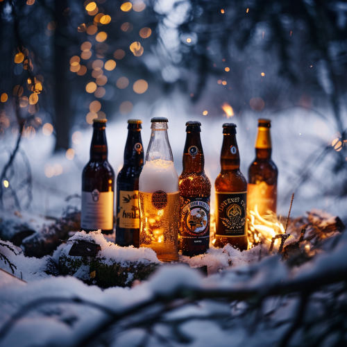 Beer and Wine Bottles Bonfire Winter Forest