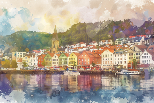 Bergen Norway Watercolor Town