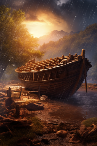 Detailed biblical ark in heavy storm