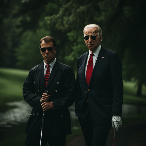 President Biden and Putin playing golf in a dark and moody style
