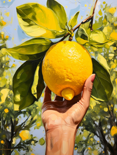 Acrylic painting of a bold lemon in a hand