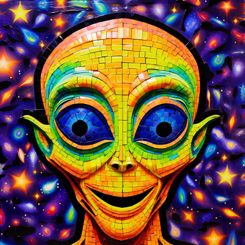 Colorful mosaic of an alien smoking