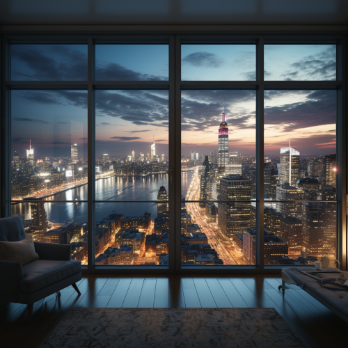Night view of New York skyscraper through a big window