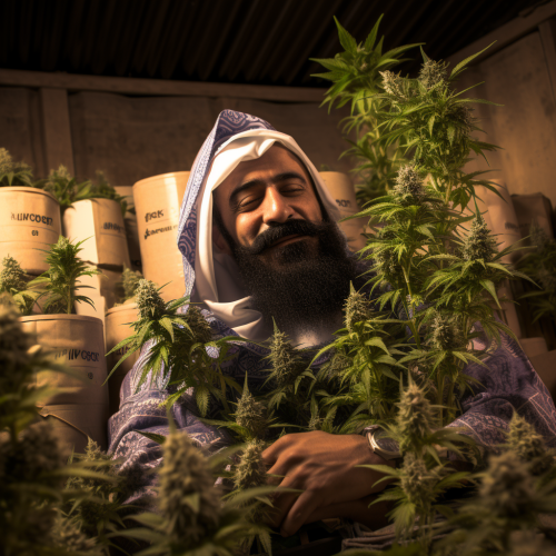 Bin Laden Lookalike surrounded by Marijuana Plants