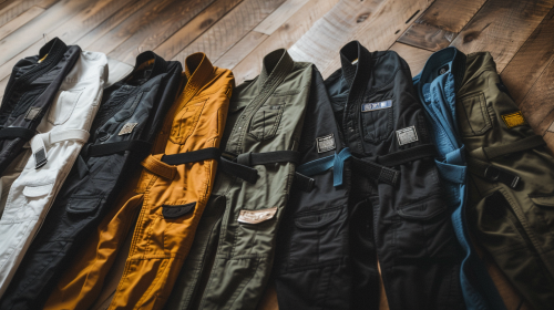 Colorful BJJ Gi Jackets on Floor