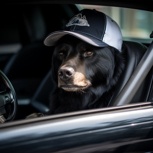 Black bear wearing a baseball cap in a stylish photograph