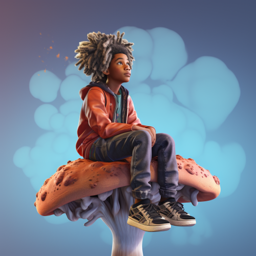 Black boy with titanium colored locs sitting on a duo tone mushroom