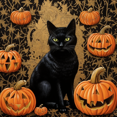 Black cat with Halloween pumpkin brocade