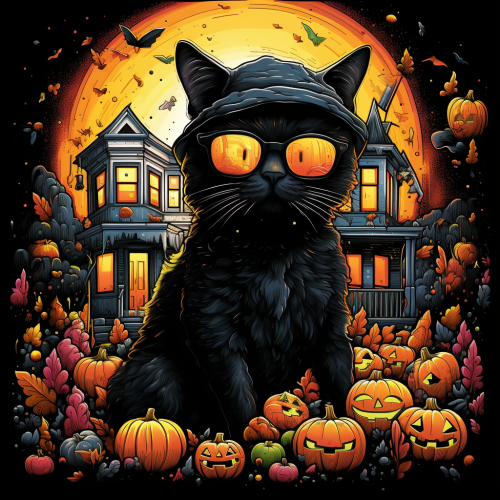 Black cat wearing sunglasses in front of haunted house
