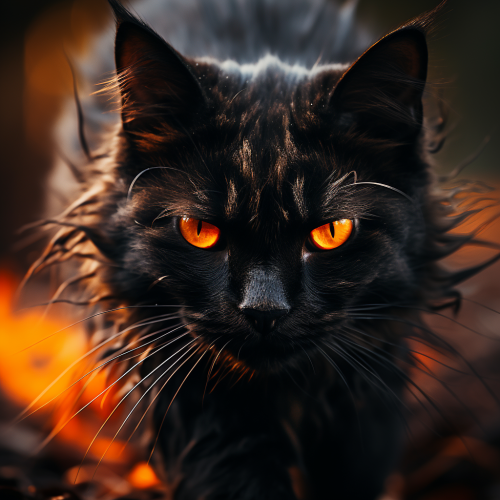 Majestic black cat with fiery scars and hopeful golden eyes