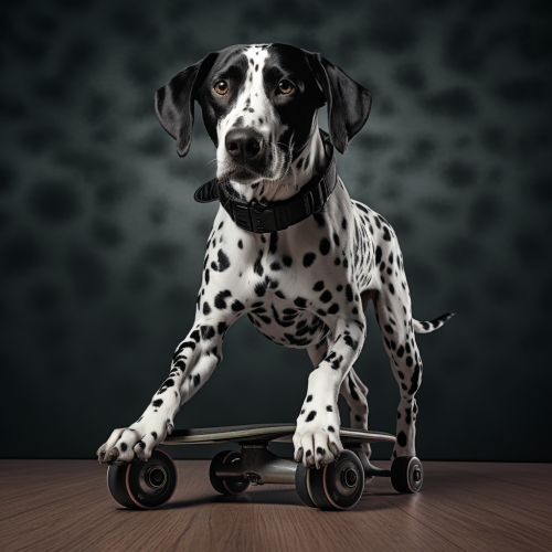 Playful black Dalmation on rollerskates