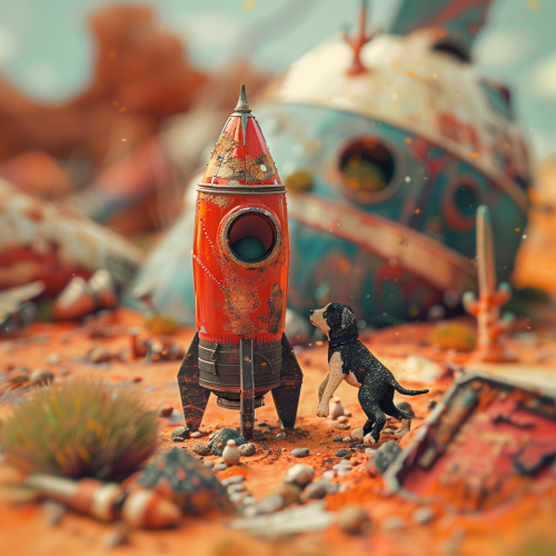 Black dog with tin can rocket in desert