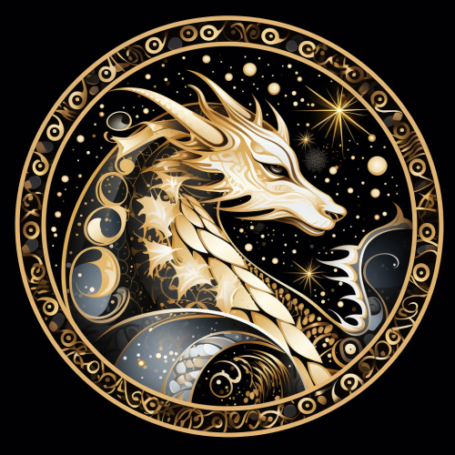 Cartoon Black Dragon on Gold Background with Snowflakes