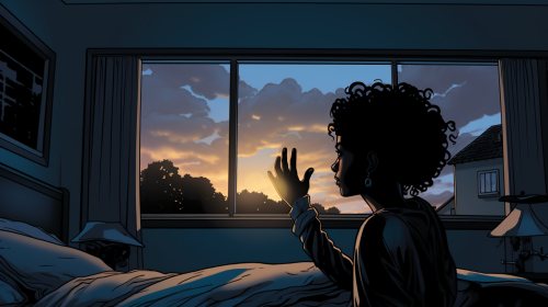 Black girl waking up sitting on bed