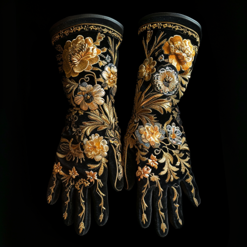 Black gloves with embroidered golden flowers