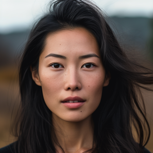 Black haired woman with beautiful wrinkles and moist eyes