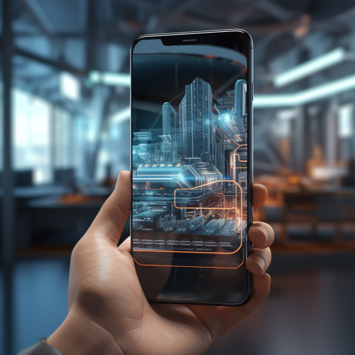 Hand holding futuristic mobile device glass