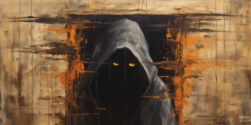 Black hooded man peeking through a destroyed wooden door