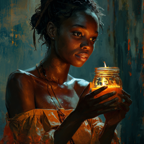 Black lady holding candle jar against modern background