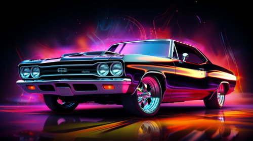 Sleek black muscle car under black light